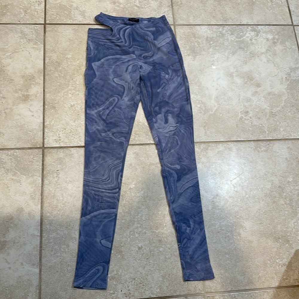 Naked Wardrobe Blue Marble Mesh Cutout Leggings Pants S